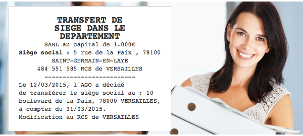 annonce legale transfert de siege pas cher